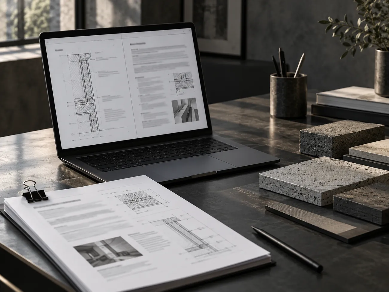 Portátil con una memoria técnica abierta junto a la memoria impresa y muestras de material sobre una mesa oscura